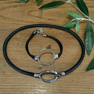 Set Black Leather + Real Silver Choker + Bracelet